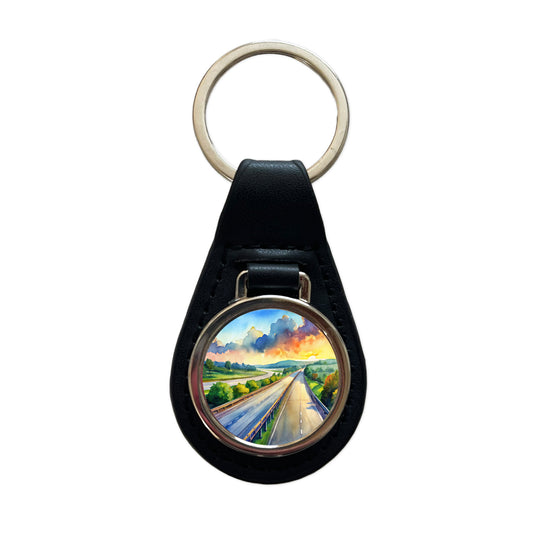 Empty Highway Stretching Into The Distance Watercolor Black Leather Metal Keychain