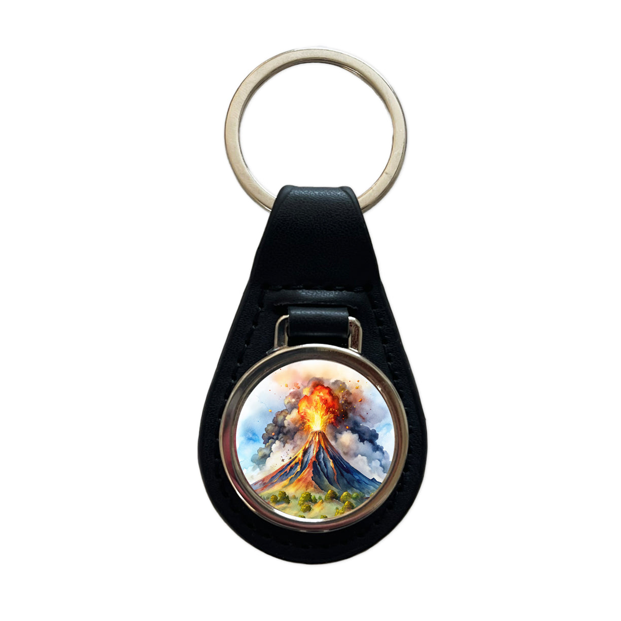 Erupting Volcano Watercolor Black Leather Metal Keychain