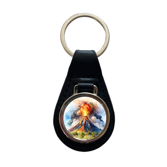 Erupting Volcano Watercolor Black Leather Metal Keychain