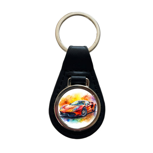 Exotic Supercar Sports Car Watercolor Black Leather Metal Keychain