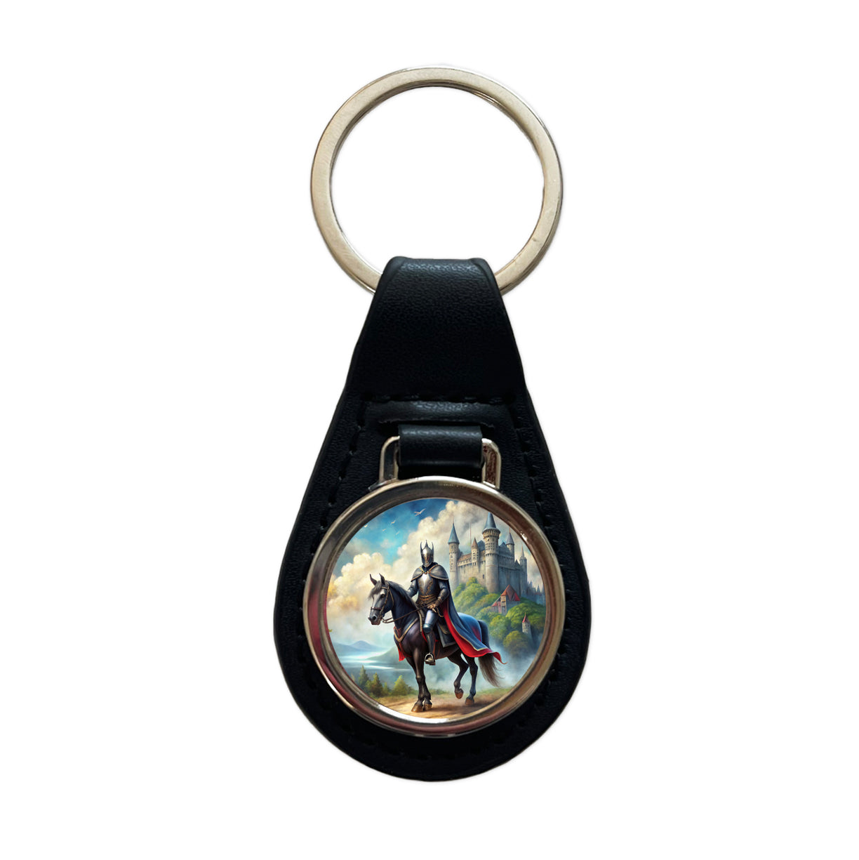 Fantasy Black Knight Astride Horse Outside Castle Watercolor Black Leather Metal Keychain