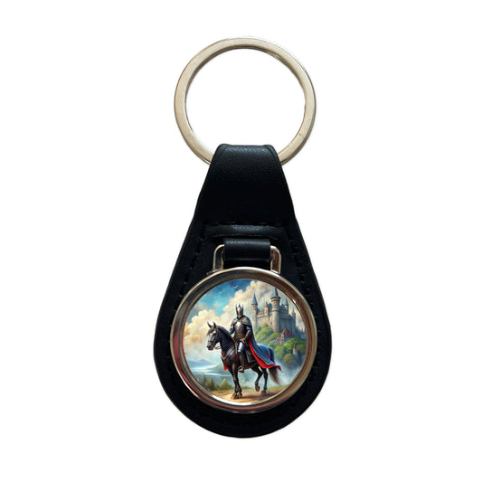 Fantasy Black Knight Astride Horse Outside Castle Watercolor Black Leather Metal Keychain