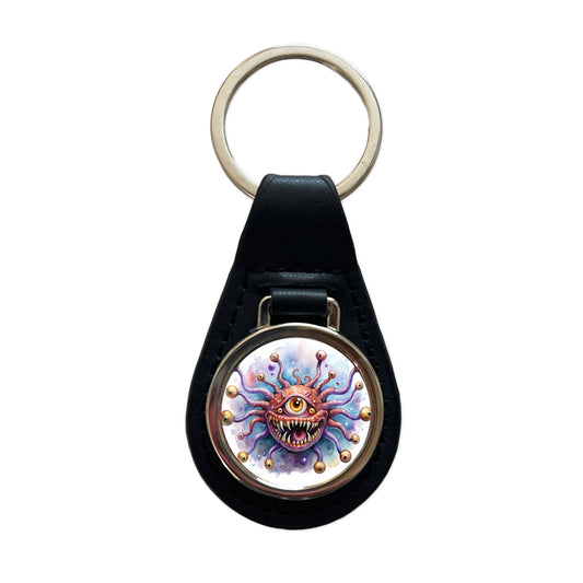 Fantasy Creature Monster Beholder Watercolor Black Leather Metal Keychain