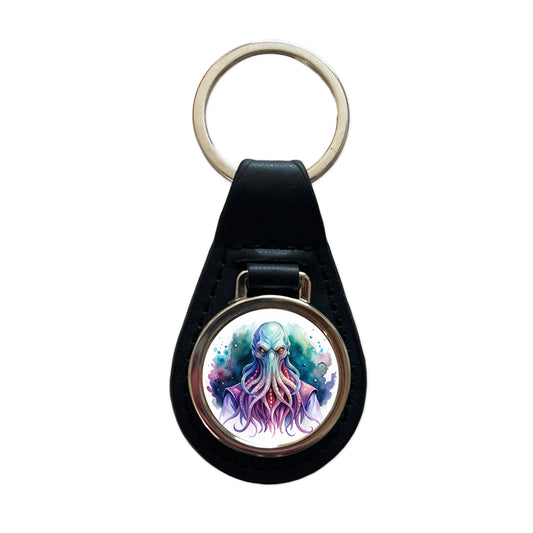 Fantasy Creature Monster Illithid Watercolor Black Leather Metal Keychain