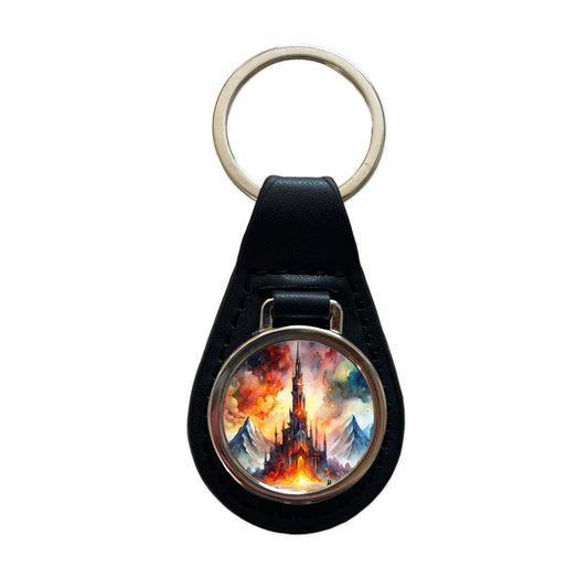 Fantasy Evil Dark Castle Watercolor Black Leather Metal Keychain