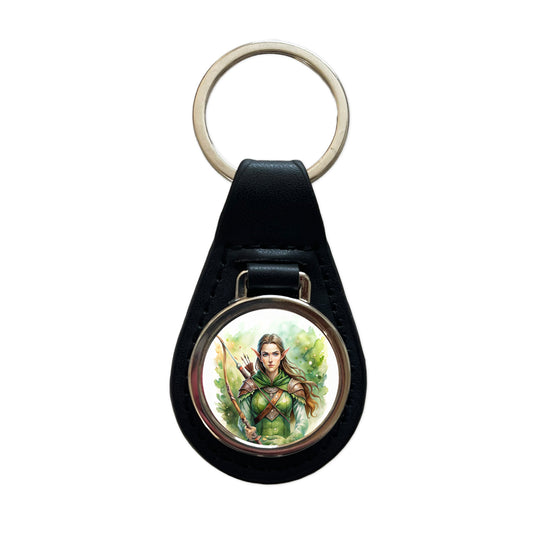 Fantasy Female Elven Ranger Watercolor Black Leather Metal Keychain