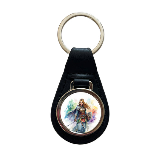 Fantasy Female Fighter Sword Shield-maiden Watercolor Black Leather Metal Keychain