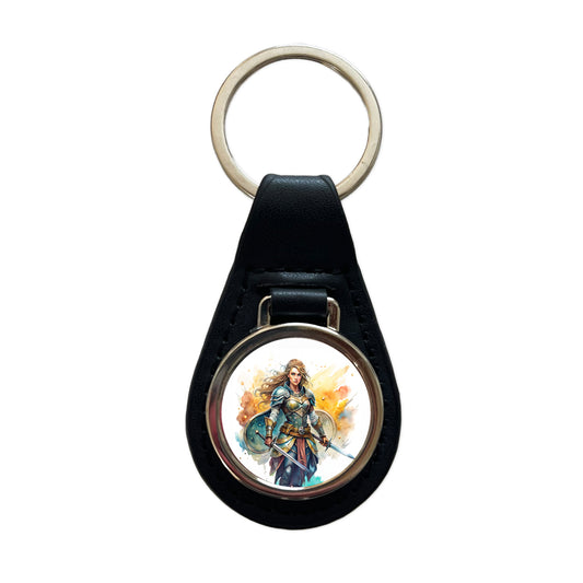 Fantasy Female Fighter Warrior Shield-maiden Watercolor Black Leather Metal Keychain