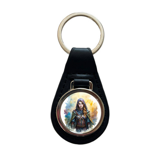 Fantasy Female Thief Rogue Watercolor Black Leather Metal Keychain