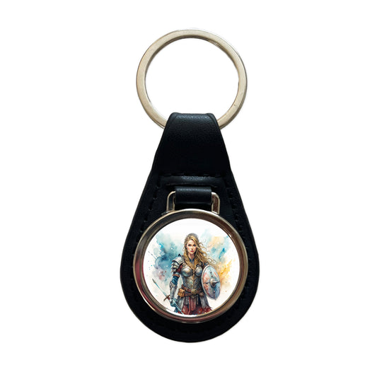 Fantasy Female Warrior Knight Watercolor Black Leather Metal Keychain