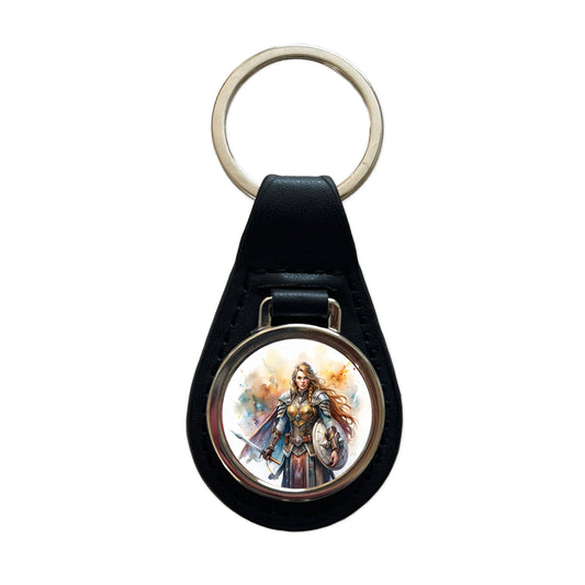 Fantasy Female Warrior Paladin Watercolor Black Leather Metal Keychain