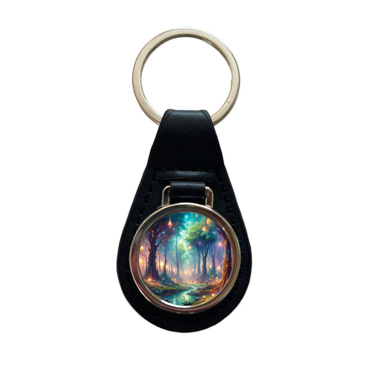 Fantasy Forest With Glowing Sprites Fae Spirits Watercolor Black Leather Metal Keychain
