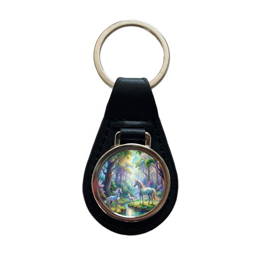 Fantasy Forest With Magical Unicorns Watercolor Black Leather Metal Keychain