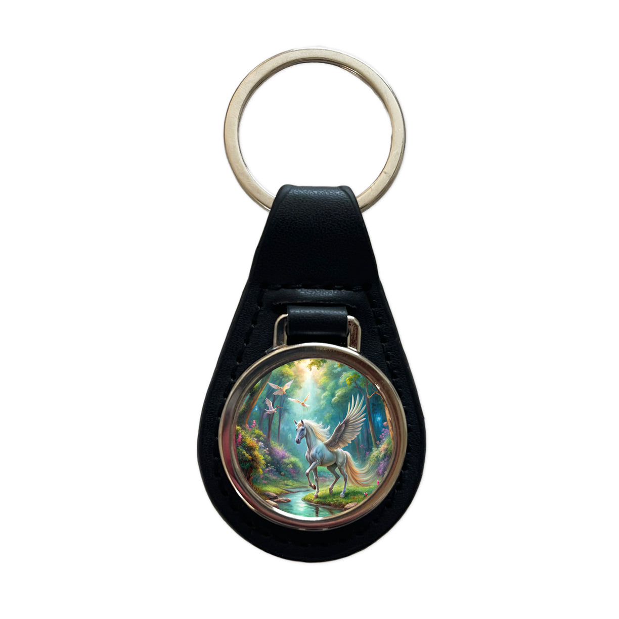 Fantasy Forest With Pegasus Winged-stallion Watercolor Black Leather Metal Keychain