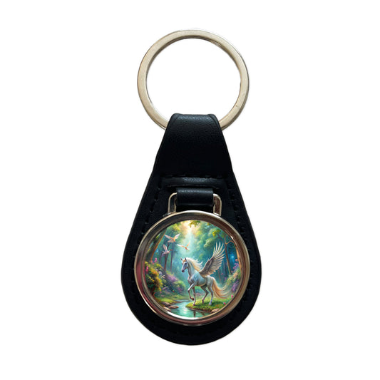 Fantasy Forest With Pegasus Winged-stallion Watercolor Black Leather Metal Keychain
