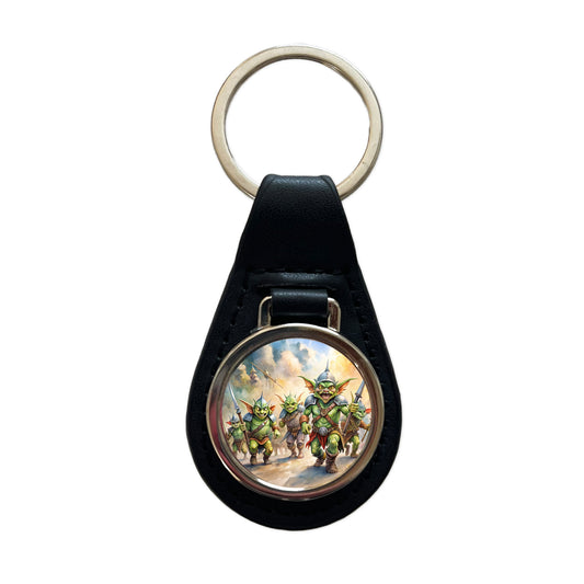 Fantasy Goblins Monsters Going To War Watercolor Black Leather Metal Keychain
