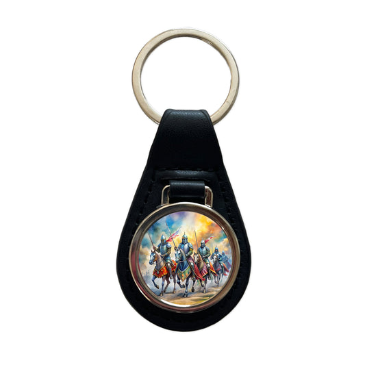 Fantasy Knights Riding To War Watercolor Black Leather Metal Keychain