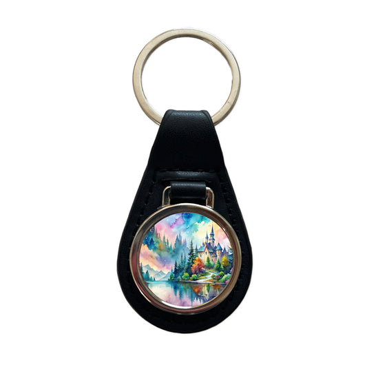 Fantasy Lake And Castle Scene Watercolor Black Leather Metal Keychain