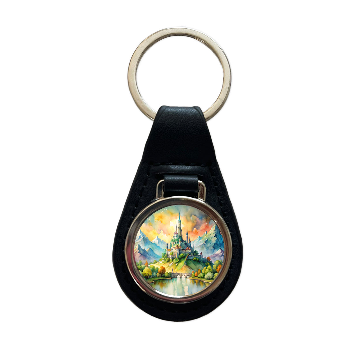 Fantasy Magical Castle On A Hill Watercolor Black Leather Metal Keychain