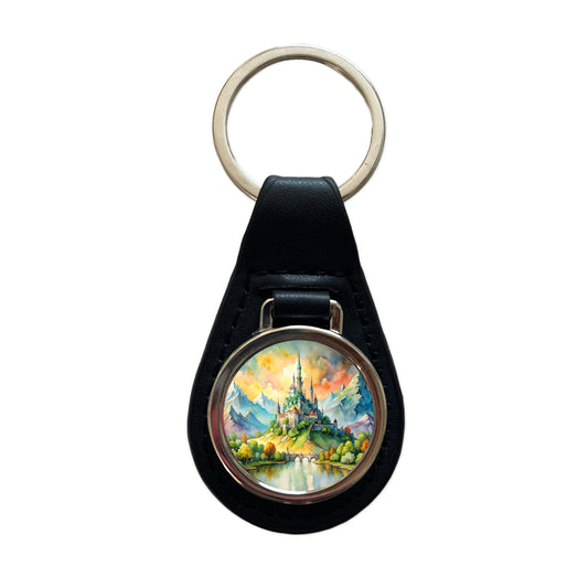 Fantasy Magical Castle On A Hill Watercolor Black Leather Metal Keychain