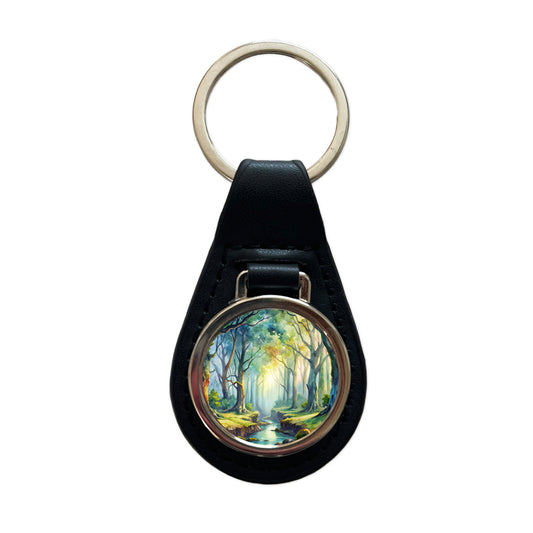 Fantasy Misty Forest Stream And Trees Watercolor Black Leather Metal Keychain
