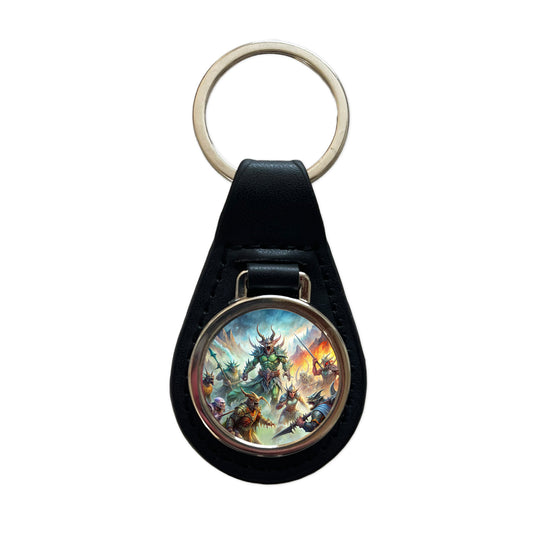 Fantasy Monsters In Battle Watercolor Black Leather Metal Keychain