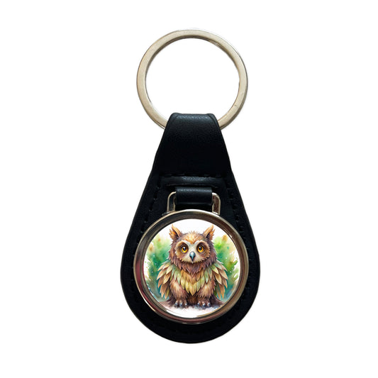 Fantasy Owl Bear Owlbear Green Background Watercolor Black Leather Metal Keychain