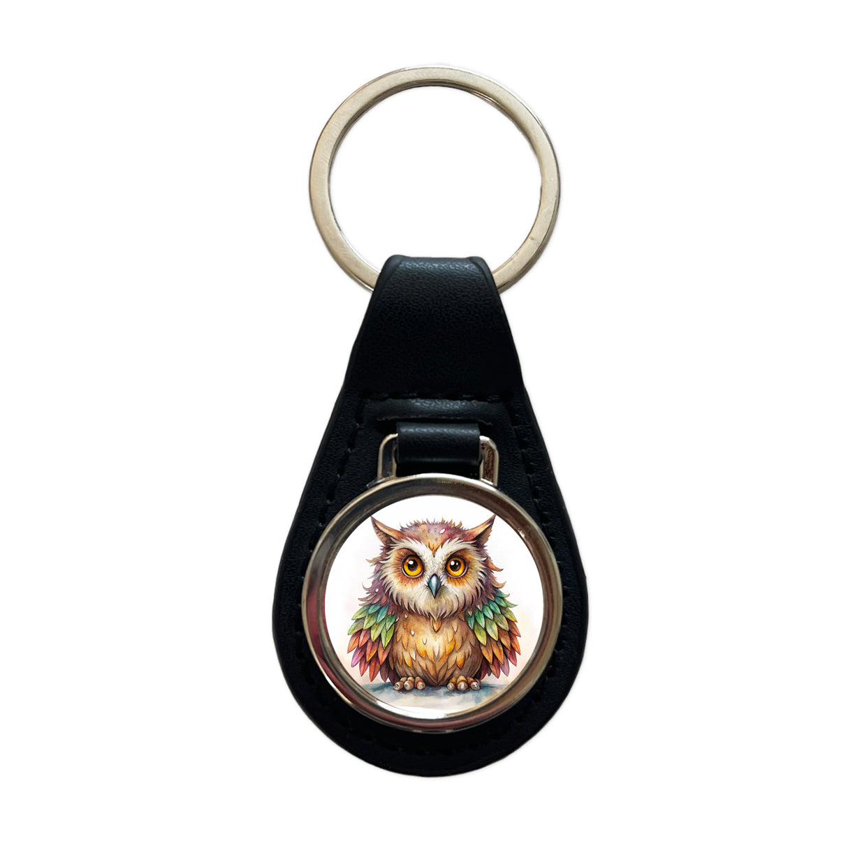 Fantasy Owlbear Owl Bear Colorful Wings Watercolor Black Leather Metal Keychain