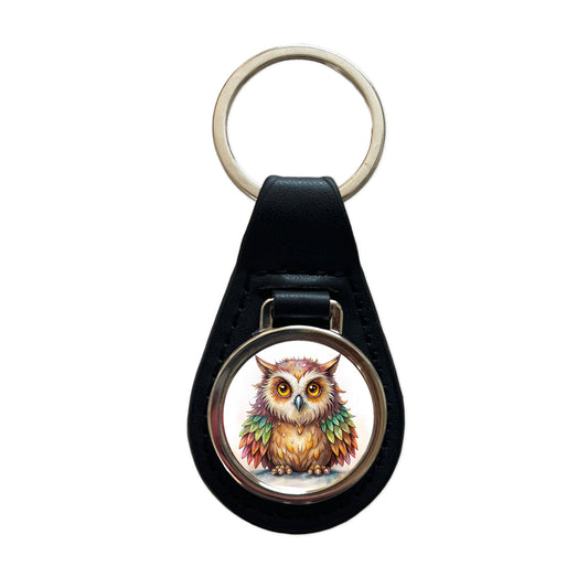 Fantasy Owlbear Owl Bear Colorful Wings Watercolor Black Leather Metal Keychain