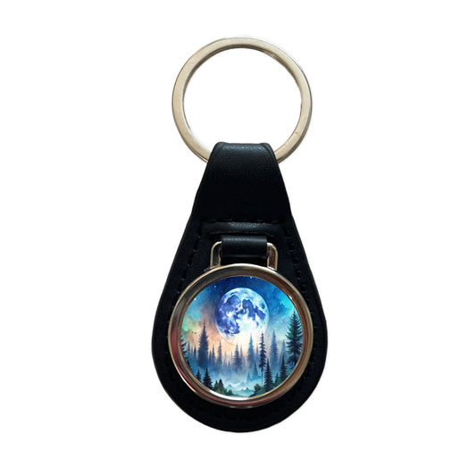 Fantasy Sci-fi World Moon Rising Over Forest Black Leather Metal Keychain