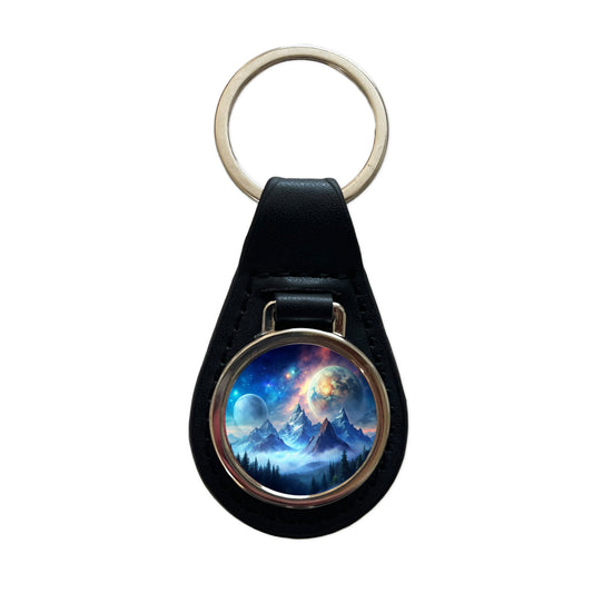 Fantasy Sci-fi World Moons Rising Over Mountains Watercolor Black Leather Metal Keychain