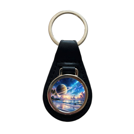 Fantasy Sci-fi World Saturn Rising Over Beach Black Leather Metal Keychain