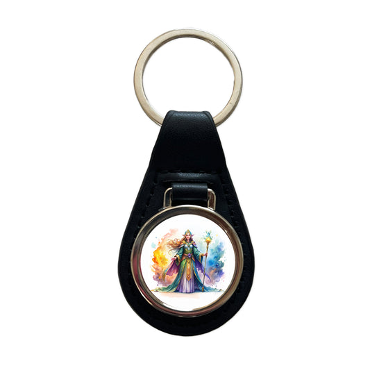Fantasy Sorceress Colorful Magic Mana Watercolor Black Leather Metal Keychain
