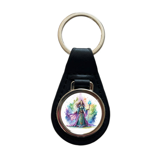 Fantasy Sorceress Purple Blue Magic Mana Watercolor Black Leather Metal Keychain