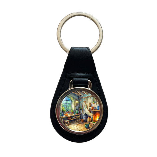 Fantasy Witch's Workshop Watercolor Black Leather Metal Keychain