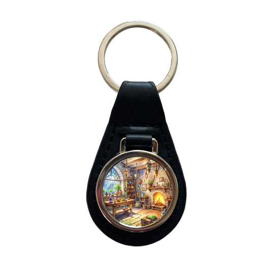 Fantasy Wizard's Sorcerer's Workshop Watercolor Black Leather Metal Keychain