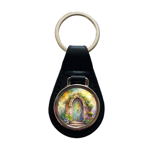 Fantasy World Doorway Fairy Gnome Elven Watercolor Black Leather Metal Keychain