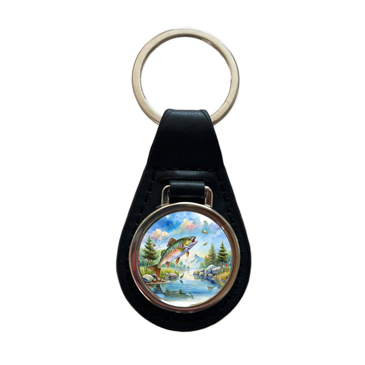 Fish Jumping Stream Lake Fishing Watercolor Black Leather Metal Keychain