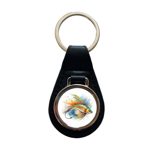 Fishing Lure Flies Watercolor Black Leather Metal Keychain