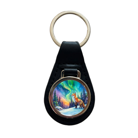 Fox And Northern Lights Watercolor Black Leather Metal Keychain