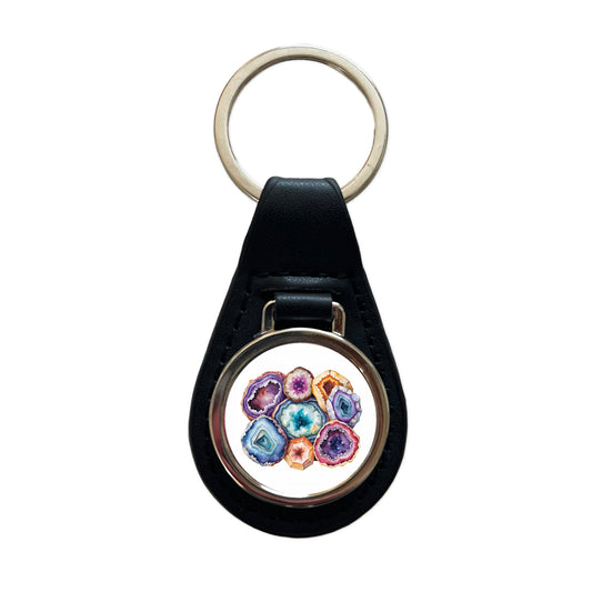 Geode Volcanic Crystals Cut Open Watercolor Black Leather Metal Keychain