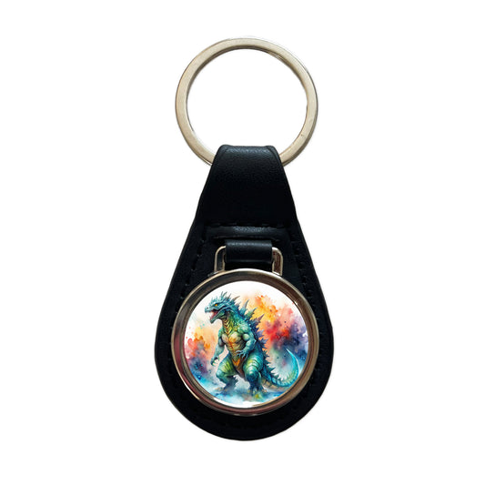 Giant Kaiju Monster Watercolor Black Leather Metal Keychain