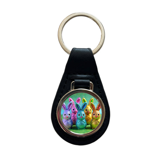 Glitter Easter Bunnies Rabbits Chocolate Black Leather Metal Keychain