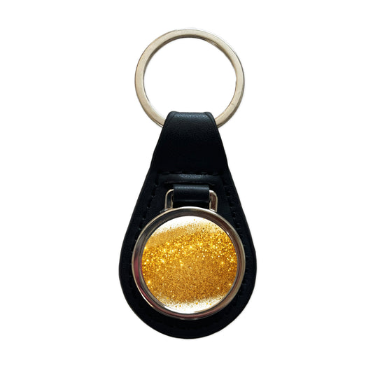 Gold Faux Glitter Black Leather Metal Keychain