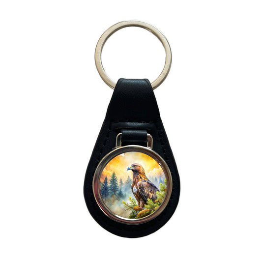 Golden Eagle Raptor Bird Of Prey In Tree Watercolor Black Leather Metal Keychain
