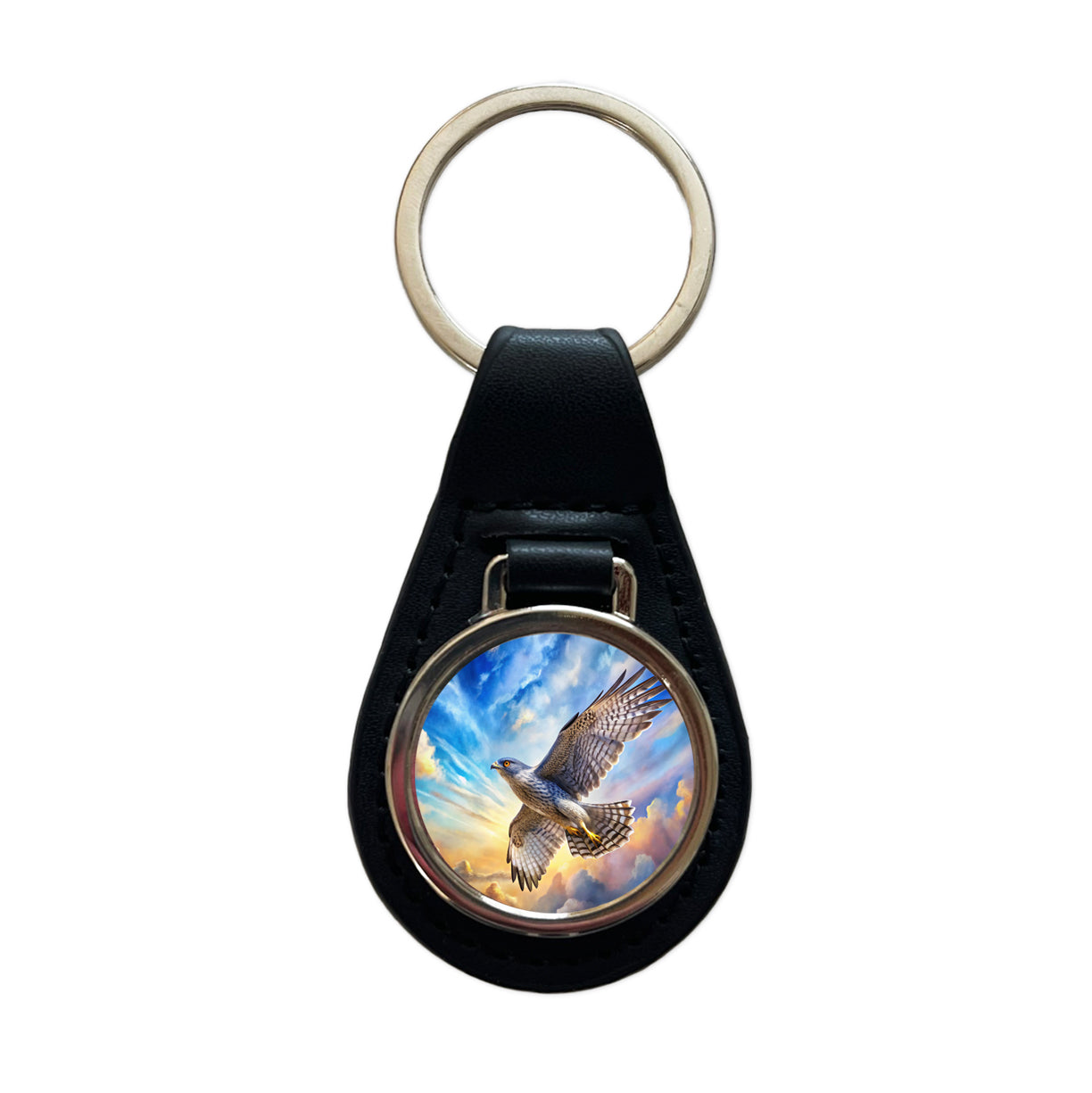 Goshawk Raptor Bird Of Prey In Flight Sky Clouds Watercolor Black Leather Metal Keychain