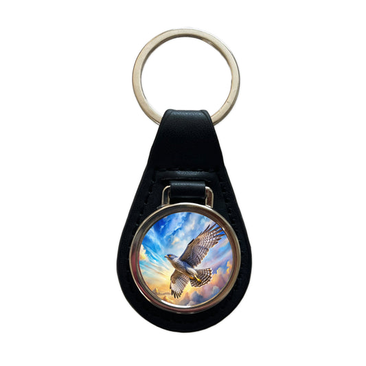 Goshawk Raptor Bird Of Prey In Flight Sky Clouds Watercolor Black Leather Metal Keychain