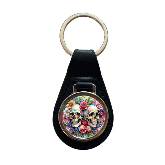 Gothic Skulls And Flowers Watercolor Black Leather Metal Keychain