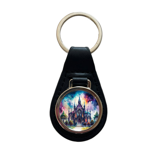 Gothic Style Church Watercolor Black Leather Metal Keychain