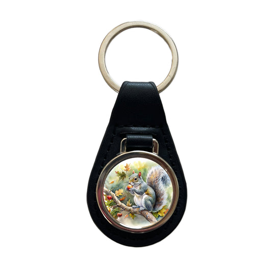 Gray Squirrel Eating Acorn In Tree Watercolor Black Leather Metal Keychain